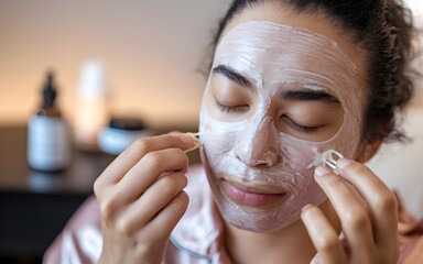 Face mask beauty treatment in salon relaxing. A woman with facemask in spa with pajama.