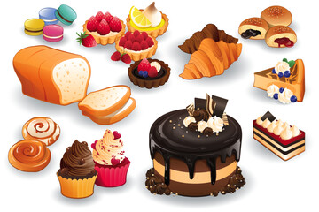 Assorted Baked Goods and Desserts Featuring Cakes, Bread, and Pastries
