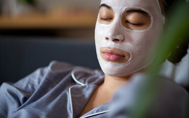 Face mask beauty treatment in salon relaxing. A woman with facemask in spa with pajama.