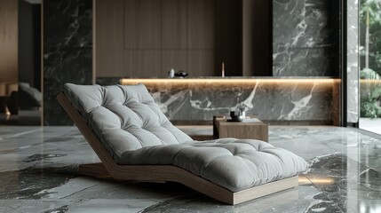 Modern lounge chair in luxury home interior, kitchen backdrop.
