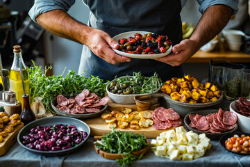Obraz premium A man holding a plate of food on a table