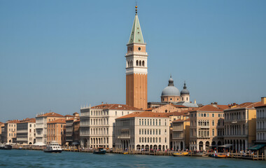 Fototapeta premium Beautiful view of Venice, Italy with Campanile tower of Saint Mark's Cathedral, Basilica on San Marco square and Doges' Palace. Italian buildings cityscape. Famous romantic city on water 