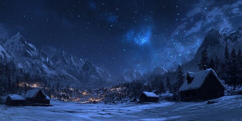 A Snowy Mountain Village Under a Starlit Sky