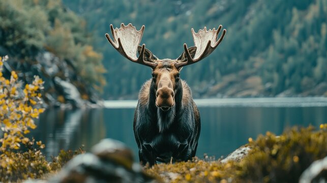 Moose by lake with mountain backdrop in autumn.