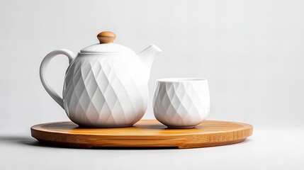 Fototapeta premium Elegant white ceramic teapot and cup set on a bamboo tray. A minimalist design with subtle geometric patterns. Perfect for a peaceful tea ceremony.