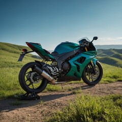 A sports motorbike resting on a green hill with a clear blue sky.
