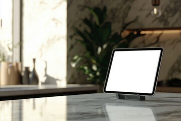 A tablet on a stand in a smart home with white blank template screen placed on the tabletop in a modern minimalist kitchen