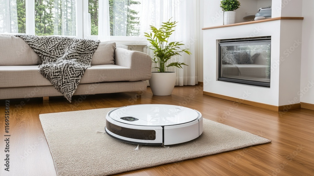 Poster robot vacuum operates on soft carpet while surrounded by a stylish sofa and indoor plants in a conte