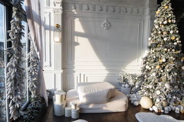Elegant Christmas interior with a decorated tree, cozy seating, and soft natural light. Perfect for holiday themes, festive design, and seasonal inspiration