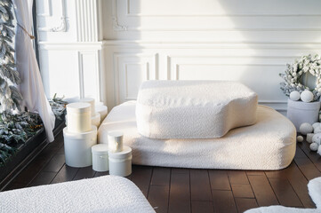 Elegant Christmas interior with a decorated tree, cozy seating, and soft natural light. Perfect for holiday themes, festive design, and seasonal inspiration