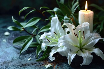 Condolence Lily and Candle: A Beautiful Tribute in Dark Background