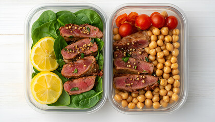 Healthy meal prep containers with chickpeas, goose meat , tomatoes, avocado, lemon and spinach on white wooden table. Top view