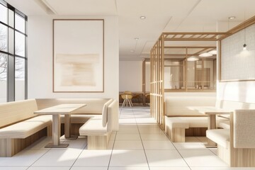 Modern cafe interior, minimalist design, sunlight, booths, winter view