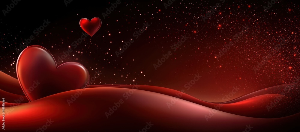 Poster a dark background with red glittering hearts and small particles, creating an atmosphere of love for