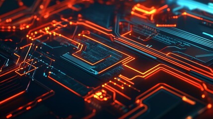 High-Tech Circuit Board with Red Neon Detail