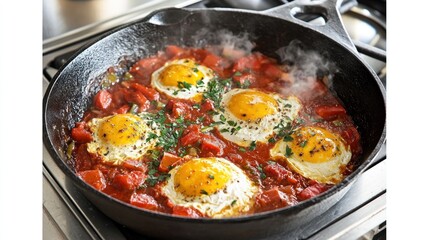 A skillet with eggs and tomatoes, steaming and ready to serve.