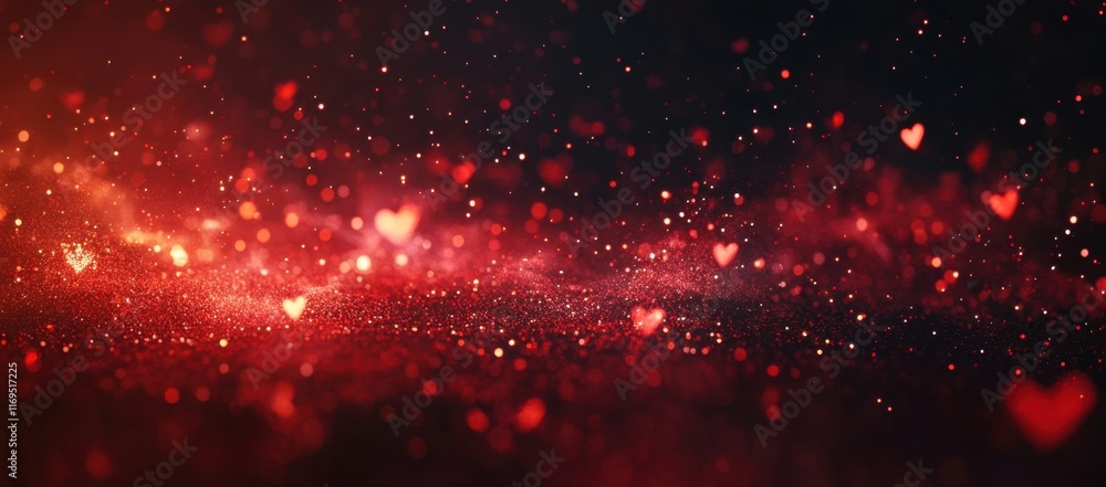 Poster a dark background with red glittering hearts and particles, a beautiful valentine's day banner with 