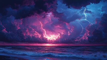 A dramatic thunderstorm over the ocean, with dark clouds illuminated by flashes of lightning in the sky