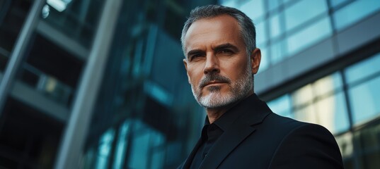 Experienced Executive in Tailored Suit Standing Before Modern Office Building for Business Concept