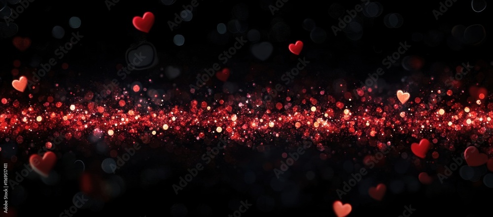 Poster a dark background with red glittering hearts and bokeh lights, creating an enchanting valentine's da
