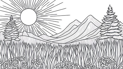 Sunny Mountain Landscape With Trees And Flowers