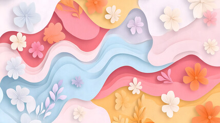 Dreamy Papercut Flowers on Rainbow Wave Background