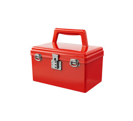 3D illustration of a red toolbox with a sturdy handle and dual locks, designed for storage and organization. Perfect for tool-related or DIY-themed projects. Isolated on transparent background, png.