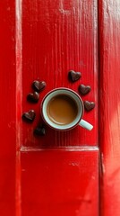 Heart-shaped coffee cup surrounded by chocolate candies on a wooden table with a vibrant red background, ideal for romantic moments and celebrations
