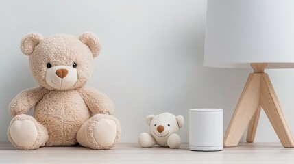Warm light from a desk lamp creates a cozy atmosphere next to a teddy bear and a baby toy in a child's room