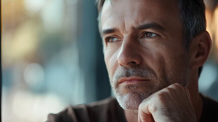 Man with a beard and gray hair is looking out the window