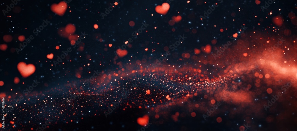 Poster a dark background with red glittering hearts and small particles, creating an atmosphere of love for