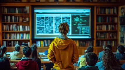 Obraz premium Coding Class in a Library: Students Focused on the Screen