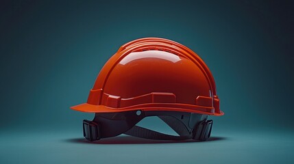 Orange hard hat on blue background, studio shot.