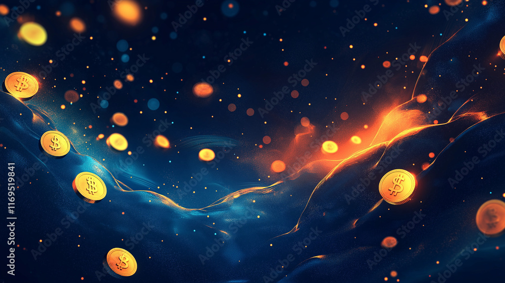 Poster a vibrant abstract financial background featuring golden coins, upward graphs, and glowing financial
