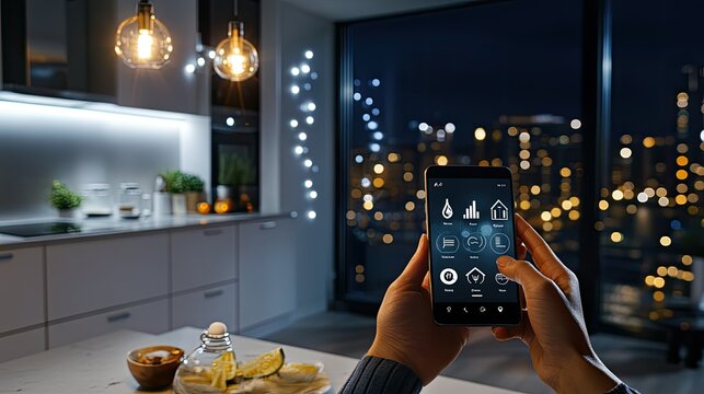 A hand interacts with a smart home control app on a mobile phone, adjusting kitchen temperature and energy settings in an apartment