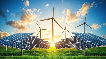 Sustainable Energy: Solar Panels and Wind Turbines at Sunset