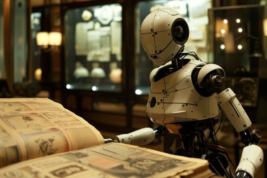 A robot is sitting on top of a book and looking at the camera