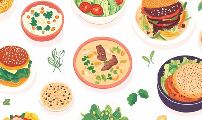 Overhead view of diverse food dishes.