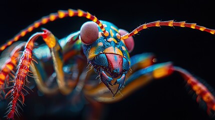 Detailed close-up of an earwig displaying colorful pincers against a black backdrop