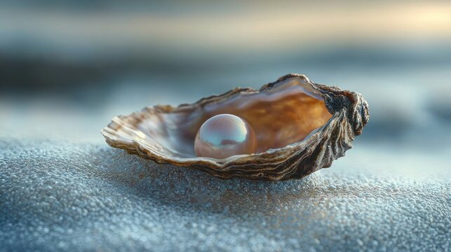 Pearl in oyster shell on beach at sunset.