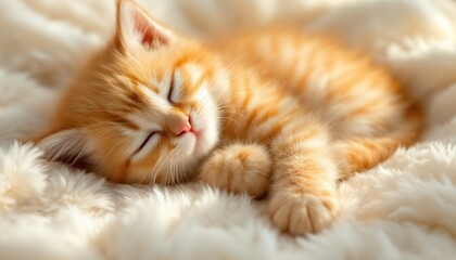 Adorable Ginger Kitten Sleeping Peacefully on a Fluffy White Blanket: A Portrait of Feline Serenity