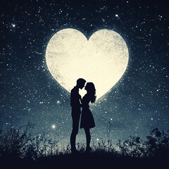 Obraz premium Silhouette of lovers against the background of a heart-shaped moon in the night sky