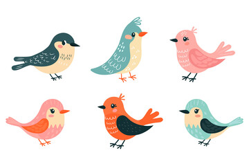 hand drawn spring birds set isolated on transparent background flat illustration