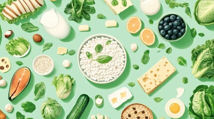 Healthy food arrangement: dairy, produce, grains, fish.