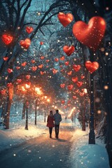 A couple on a walk in a snowy park surrounded by hearts and the light of lanterns