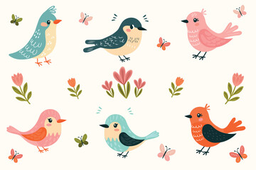 spring set birds flowers and butterflies hand drawn flat vector illustration