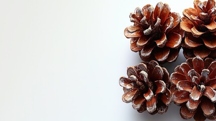 Pine cones with frosted tips on white background, copy space.