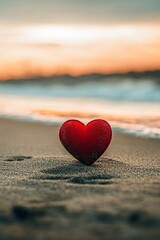Fototapeta premium Lonely heart on the sand by the sea, against the backdrop of sunset, Valentine's Day