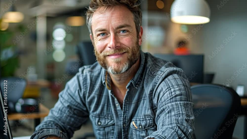 Aufkleber a confident man with a beard smiles while seated at his desk in a contemporary office. the workspace