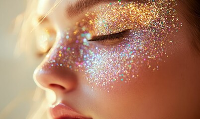 Glitter makeup, iridescent, close-up face, glowing skin.